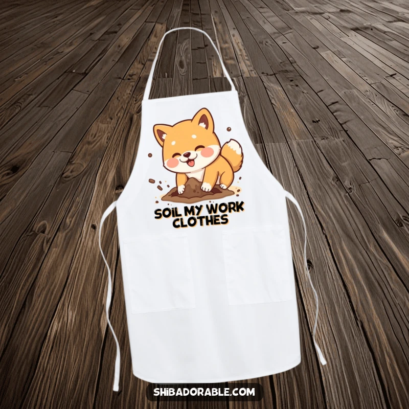 Funny Shiba Inu dog playfully digging a hole with dirt flying comically, a humorous and practical kitchen apron.