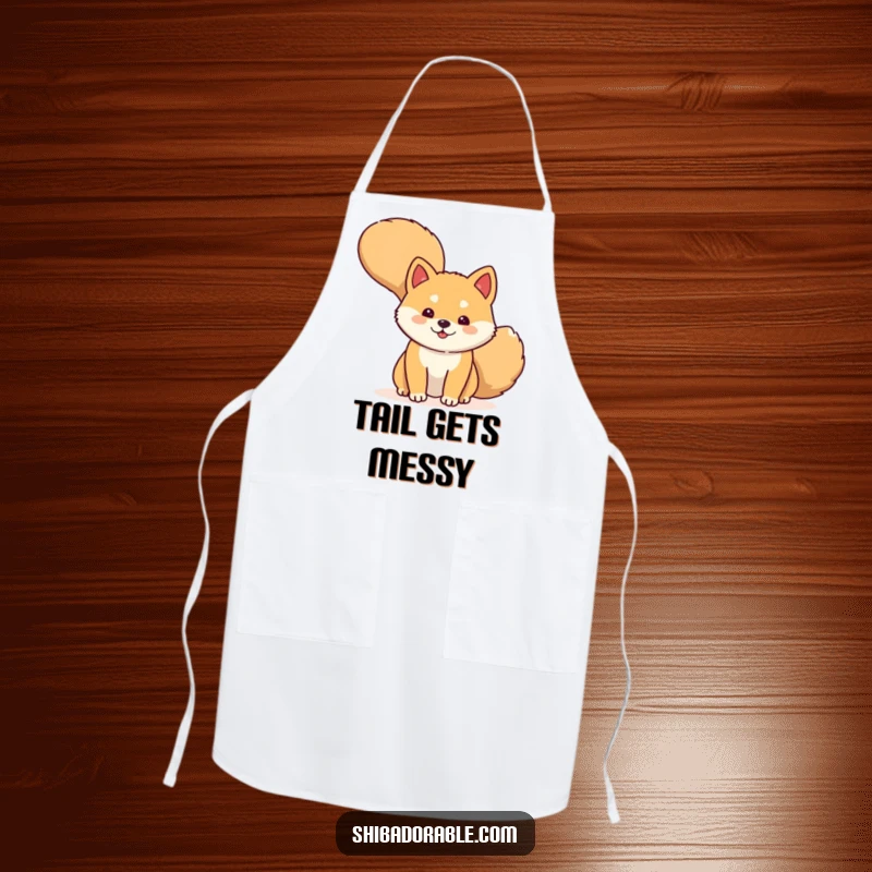 Funny Apron featuring a shy Shiba Inu dog peeking from behind its tail, perfect for a humorous kitchen experience.