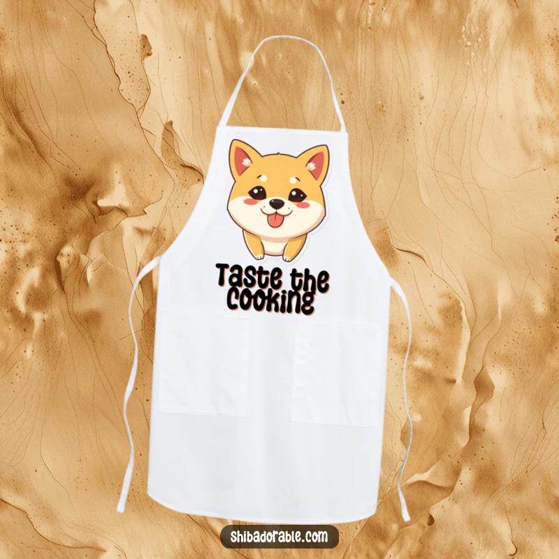 Funny Apron featuring a Shiba Inu dog with a silly expression and tongue slightly out, perfect for a humorous kitchen experience.