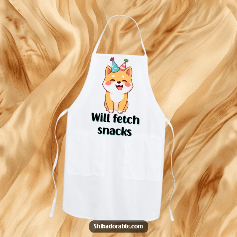Funny Shiba Inu apron, a joyful dog in a party hat, wagging its tail, perfect for hilarious cooking adventures.