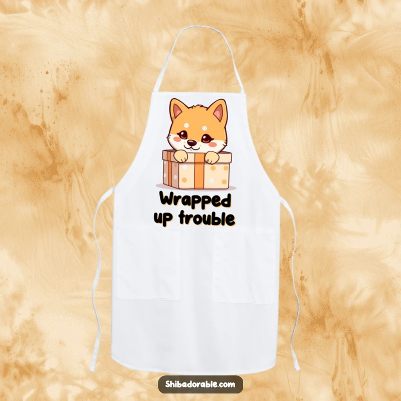 Funny Shiba Inu Apron: A Shiba Inu with a mischievous glint peeks from a gift box, a hilarious and practical kitchen accessory.