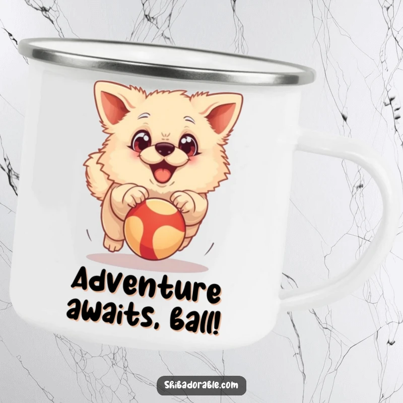 Funny Camping Mug: A fluffy dog with exaggerated big eyes joyfully chasing a bouncing ball, ready for outdoor fun.