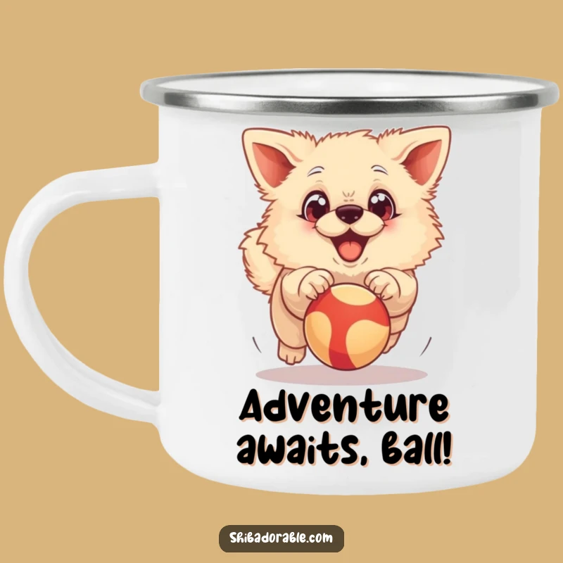 Funny Excited Dog Camping Mug: Big Eyed Dog Chasing Ball, Outdoor Funny Gift