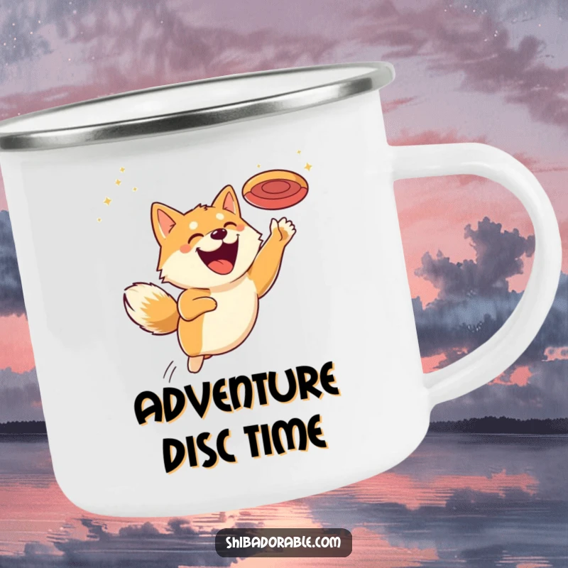 Funny camping mug with a Shiba Inu mid-air, leaping for a flying disc with a huge, happy grin, perfect for adventures.
