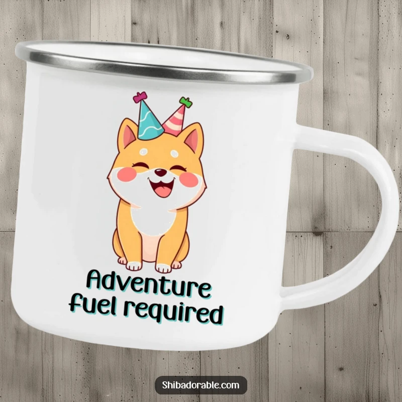 Funny Shiba Inu camping mug, a joyful dog in a party hat, wagging its tail, ideal for outdoor fun and humor.