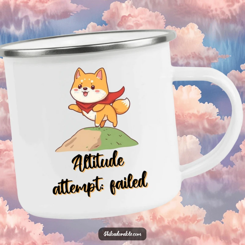 Funny Shiba Inu camping mug showing a dog wearing a cape, comically attempting to fly from a small hill, ready for adventure.