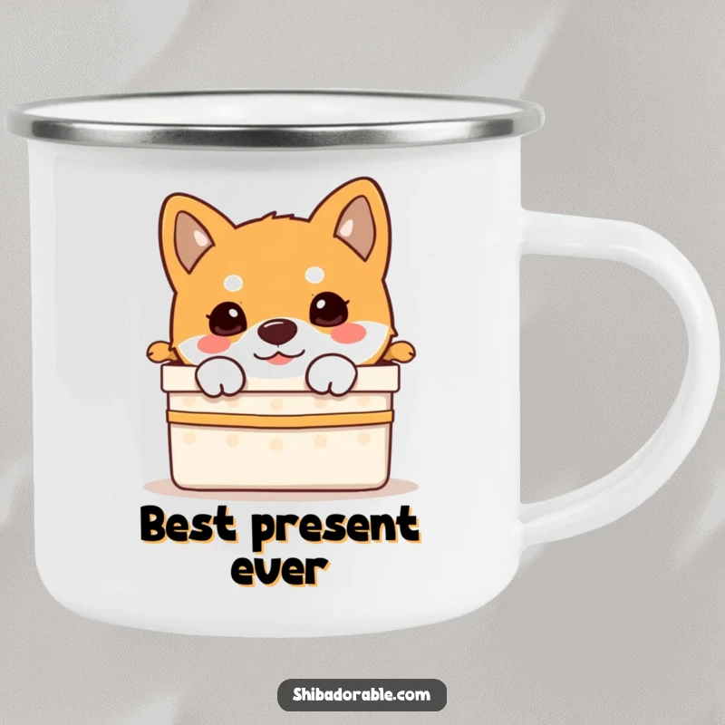 Funny Shiba Inu puppy peeking from a gift box, printed on a sturdy camping mug for portable enjoyment.