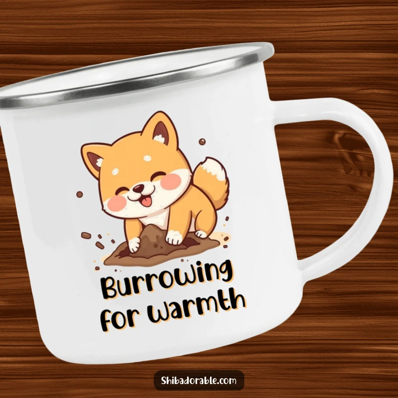 Funny Shiba Inu dog playfully digging a hole with dirt flying comically, a durable and humorous outdoor mug.