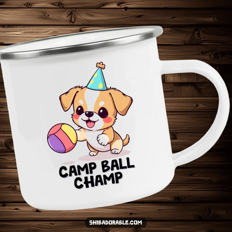 Funny dog camping mug showing a small dog in a party hat bouncing a ball, perfect for outdoor enthusiasts with a sense of humor.