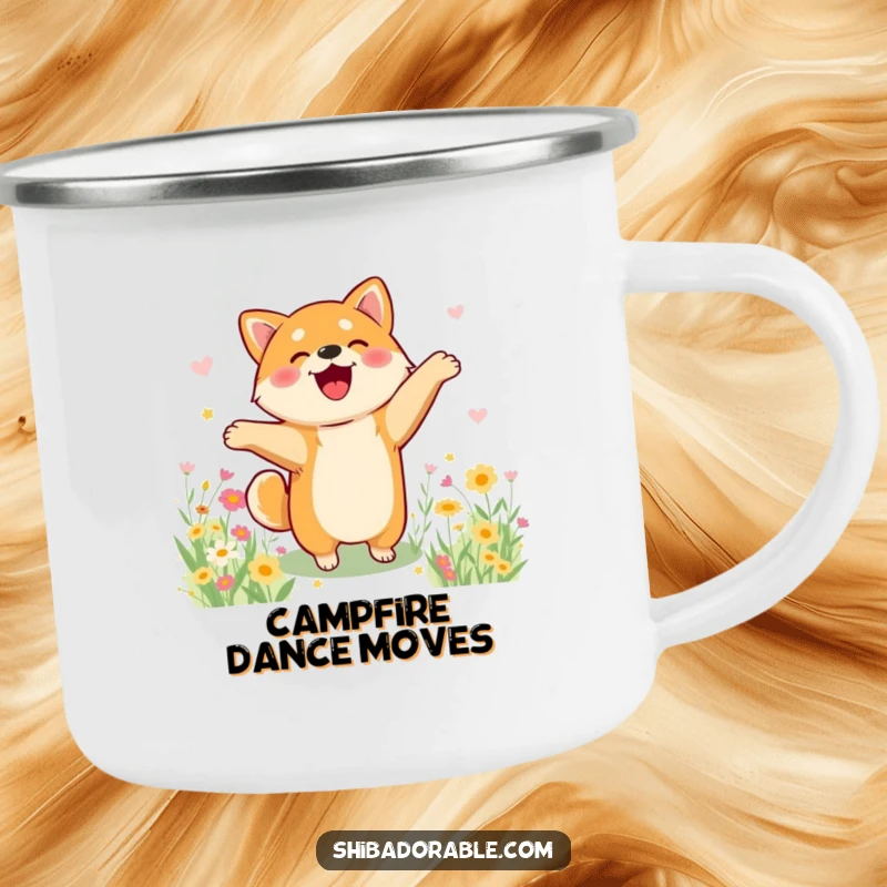 Funny Shiba Inu camping mug showing a dog joyfully dancing in a flower field, perfect for outdoor happiness.
