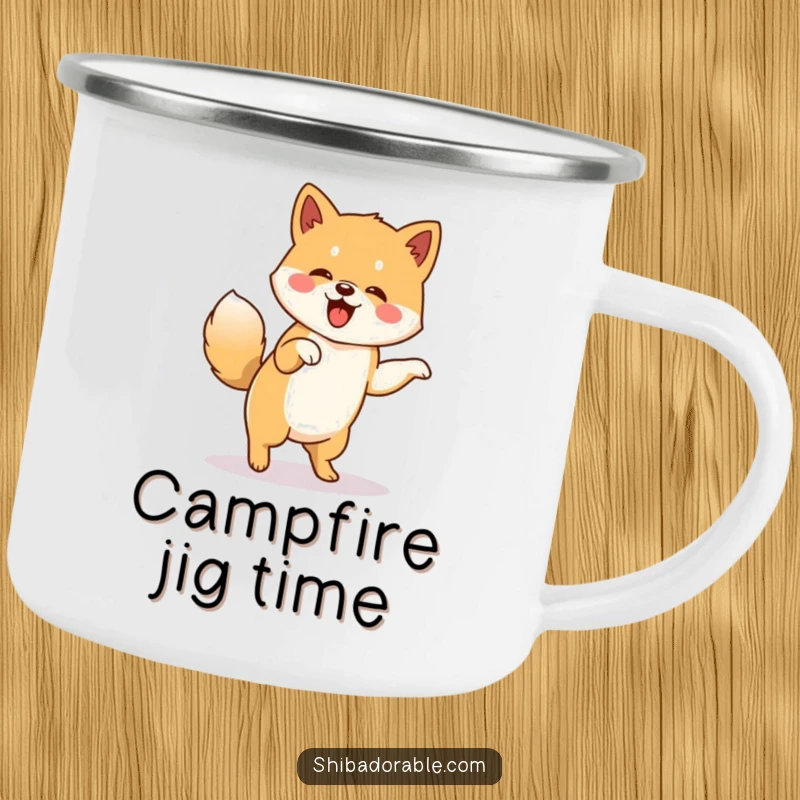 Funny camping mug featuring a Shiba Inu doing a jig with its tail wagging furiously, perfect for dog-loving adventurers.