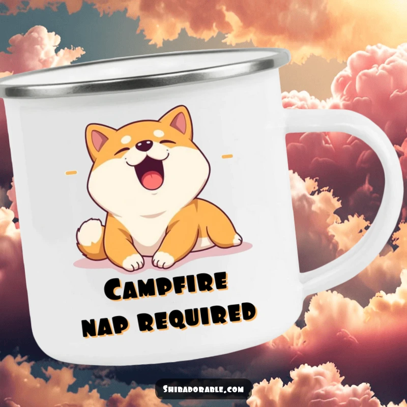 Funny camping mug featuring a yawning Shiba Inu stretching lazily in a sunbeam, perfect for outdoor enthusiasts who love relaxation.