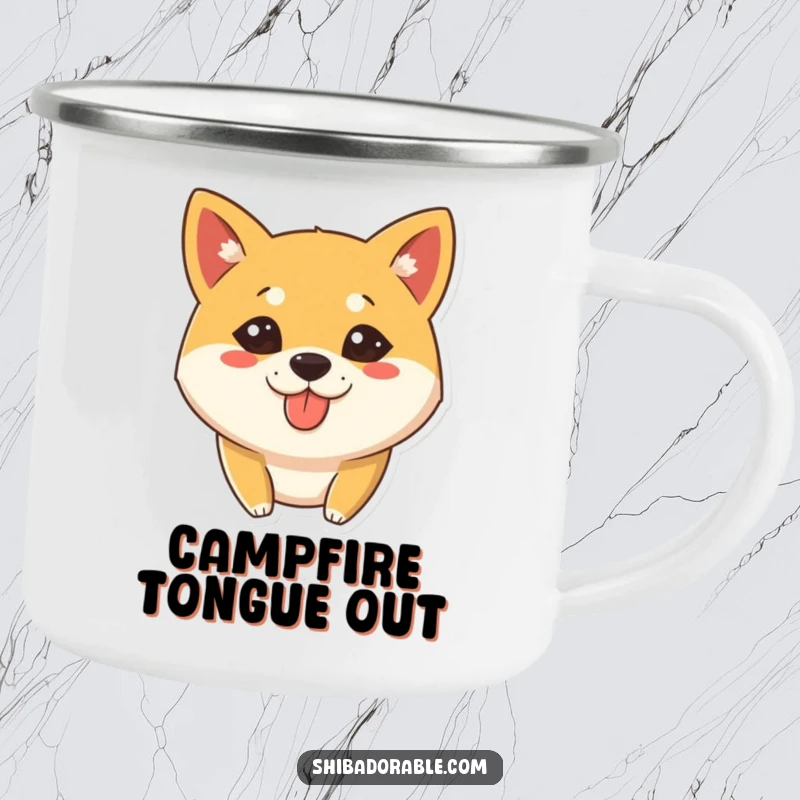 Funny Camping Mug featuring a Shiba Inu dog with a silly expression and tongue slightly out, ideal for outdoor enthusiasts.