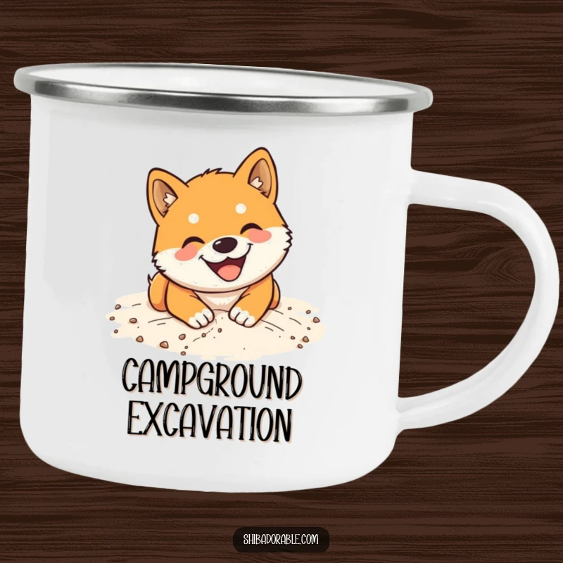 Funny Shiba Inu Camping Mug: Sturdy enamel cup featuring a happy dog digging with great enthusiasm in soft beach sand.