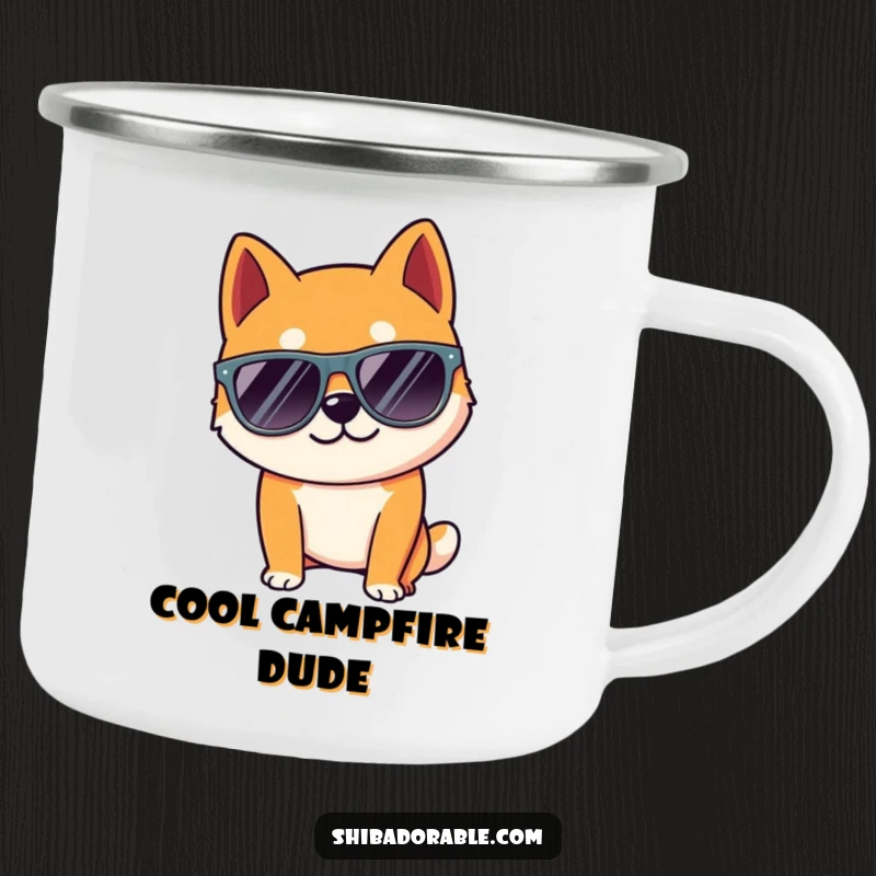 Funny Shiba Inu dog wearing oversized sunglasses, ready for adventures. An enamel mug.