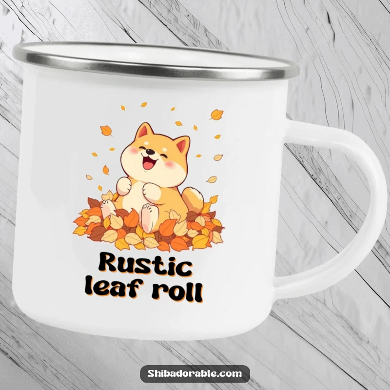Funny Shiba Inu Camping Mug: A joyful Shiba Inu rolls in autumn leaves, perfect for campers who love fall.