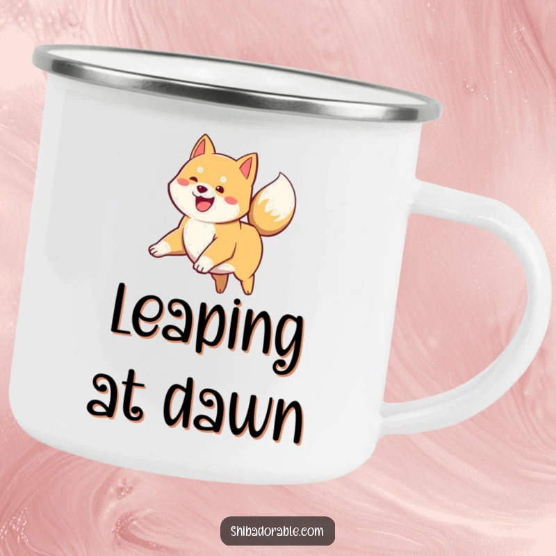 Funny Shiba Inu Camping Mug: A joyful Shiba Inu puppy leaps with its tail wagging, perfect for campers who love dogs.