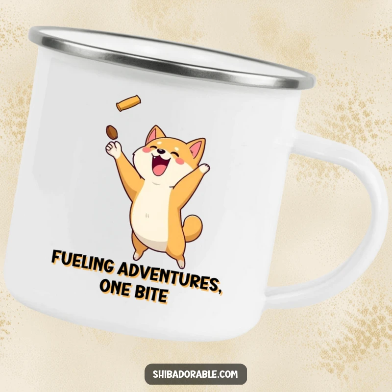 Funny Shiba Inu dog leaping to catch a treat, printed on a sturdy camping mug for portable enjoyment.