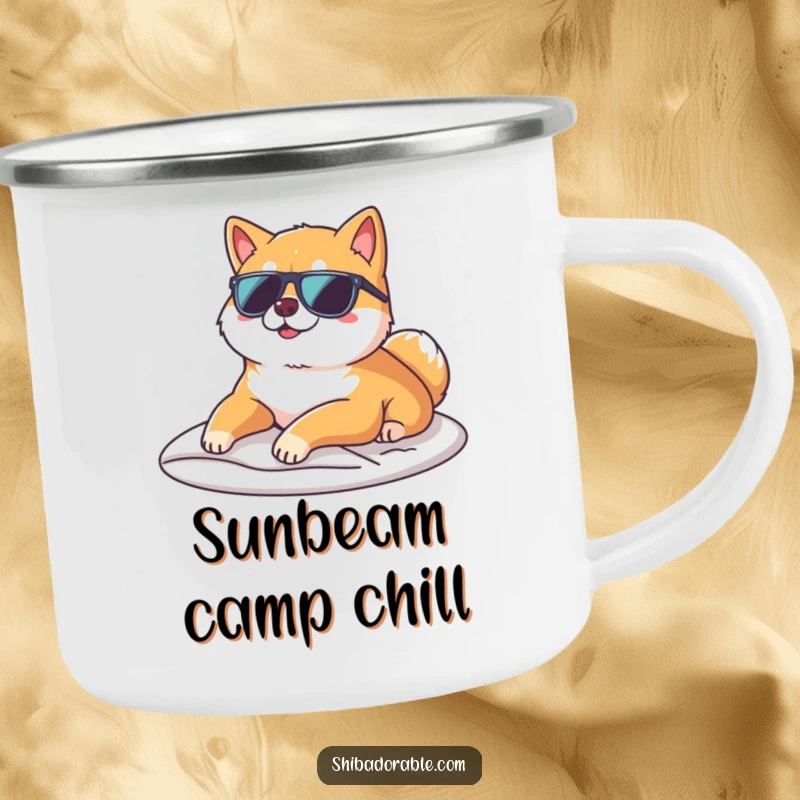 Funny Shiba Inu wearing sunglasses and lounging on a sunbeam on a camping mug, for cool outdoor enjoyment.