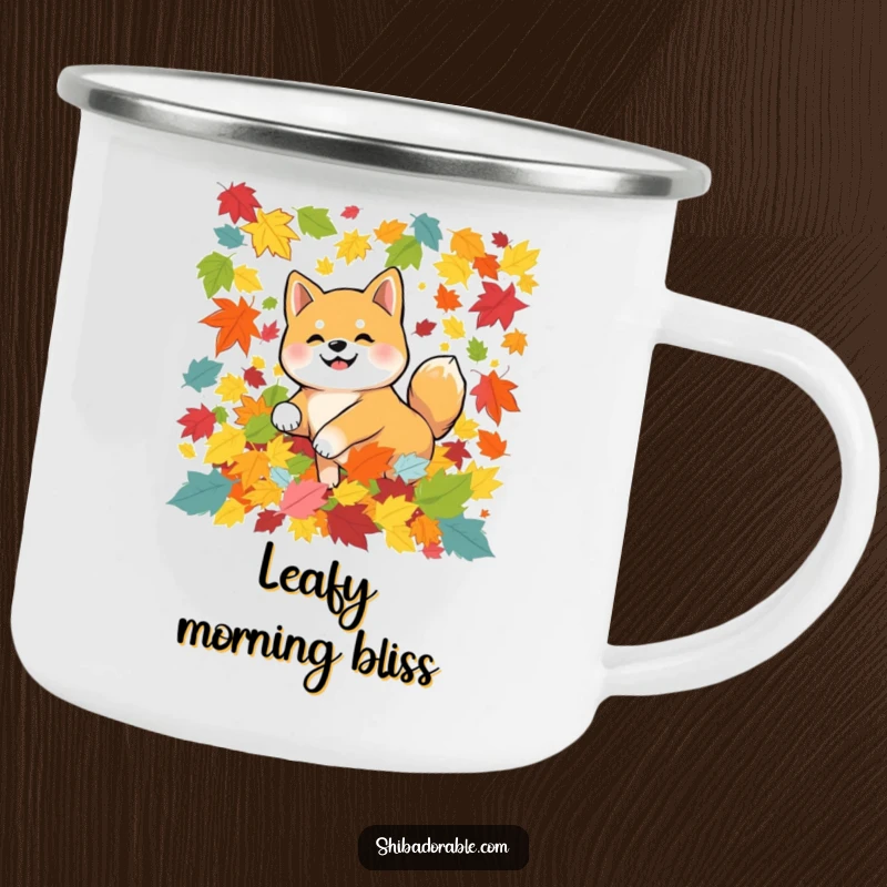 Funny Shiba Inu dog tumbling in colorful autumn leaves, printed on a sturdy camping mug for outdoor enjoyment during fall.