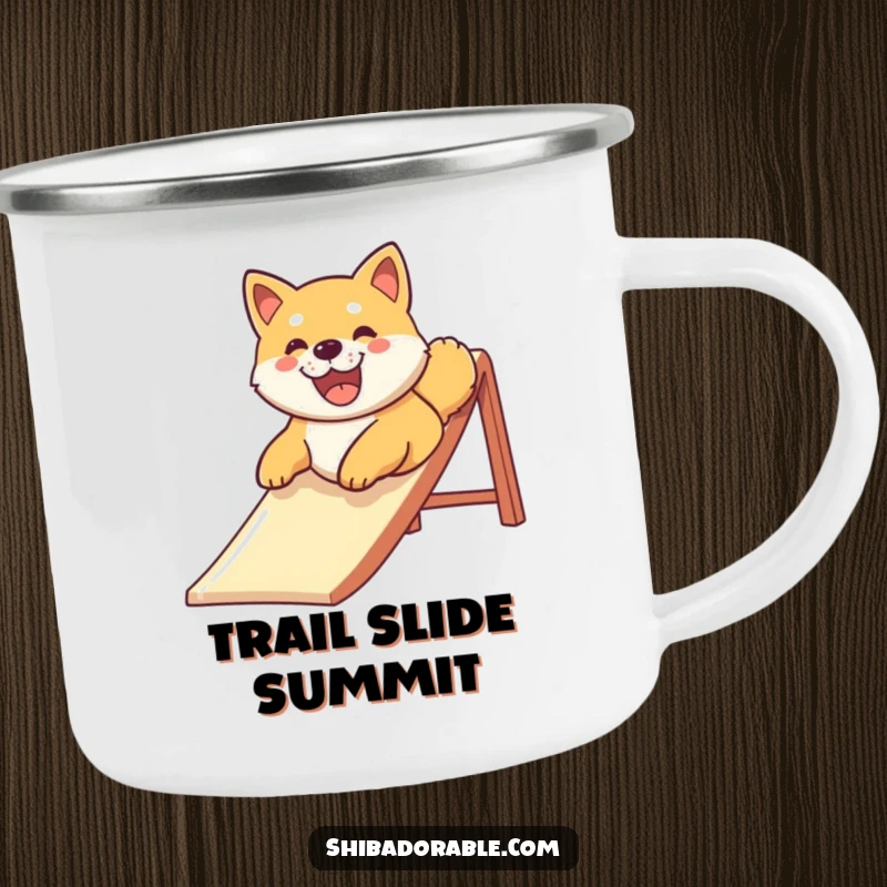 Funny Shiba Inu dog with a wide smile sliding down a slide, printed on a sturdy camping mug for outdoor enjoyment.