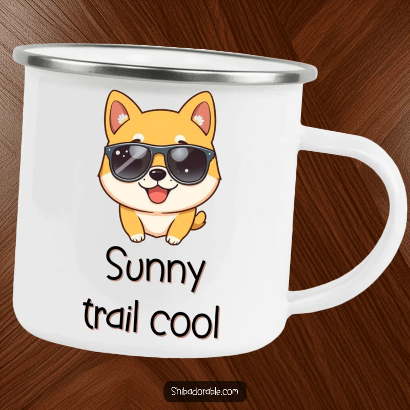 Funny Shiba Inu dog wearing sunglasses and winking, printed on a sturdy camping mug for outdoor enthusiasts with a cool vibe.