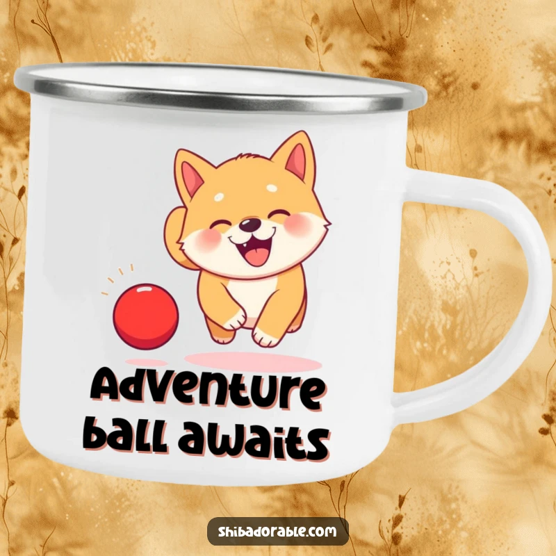 Funny Kawaii Shiba Inu puppy camping mug, illustrated joyfully chasing a bouncing red ball during an outdoor adventure.
