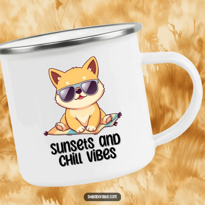 Funny Kawaii Shiba Inu puppy lounging on a beach towel, wearing sunglasses, a sturdy camping mug for outdoor enjoyment and humor.
