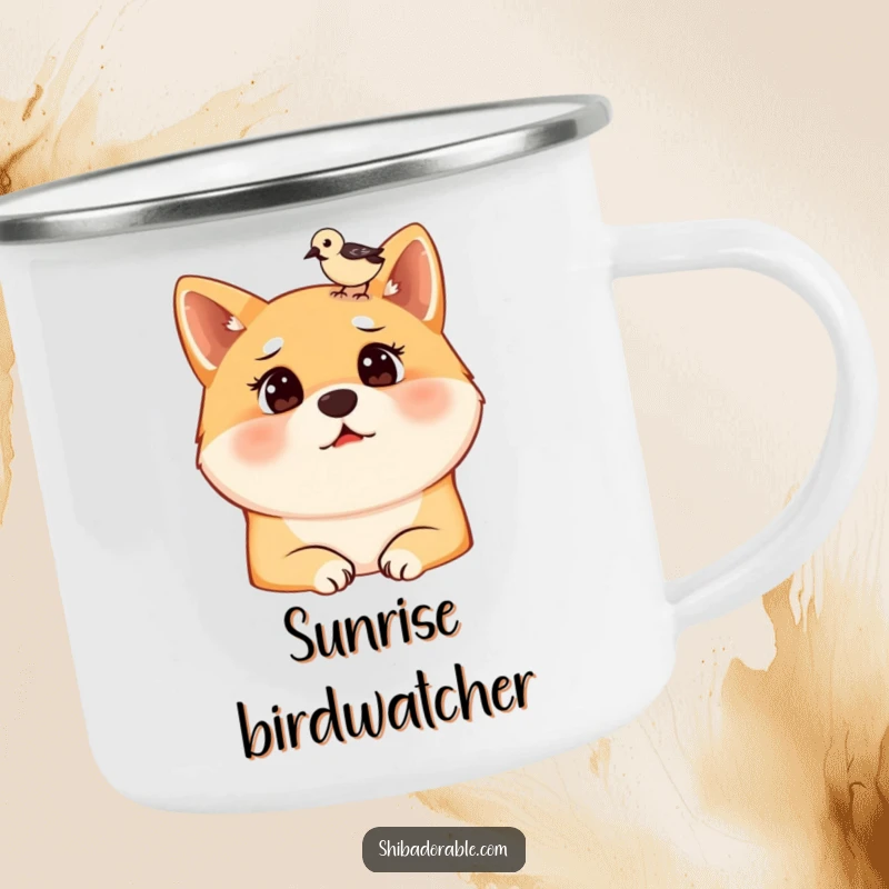 Funny camping mug with a surprised Shiba Inu dog and a bird landing on its head, perfect for outdoor enthusiasts and dog lovers.