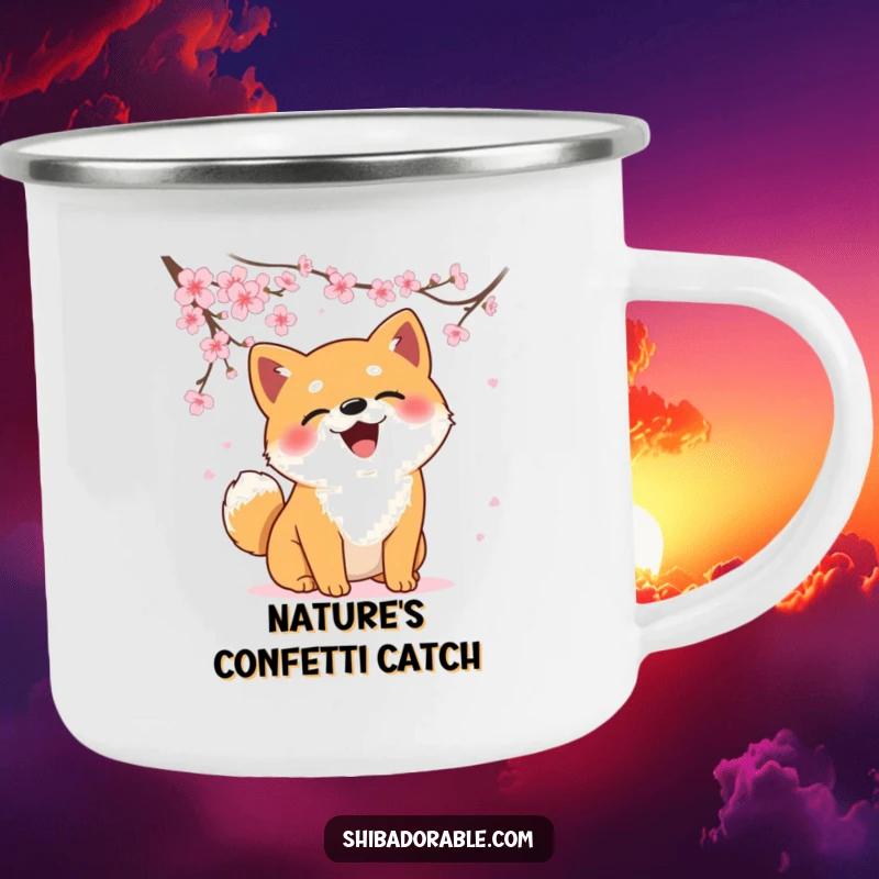 Funny Shiba Inu camping mug showing a dog comically catching falling cherry blossoms, perfect for outdoor enjoyment.