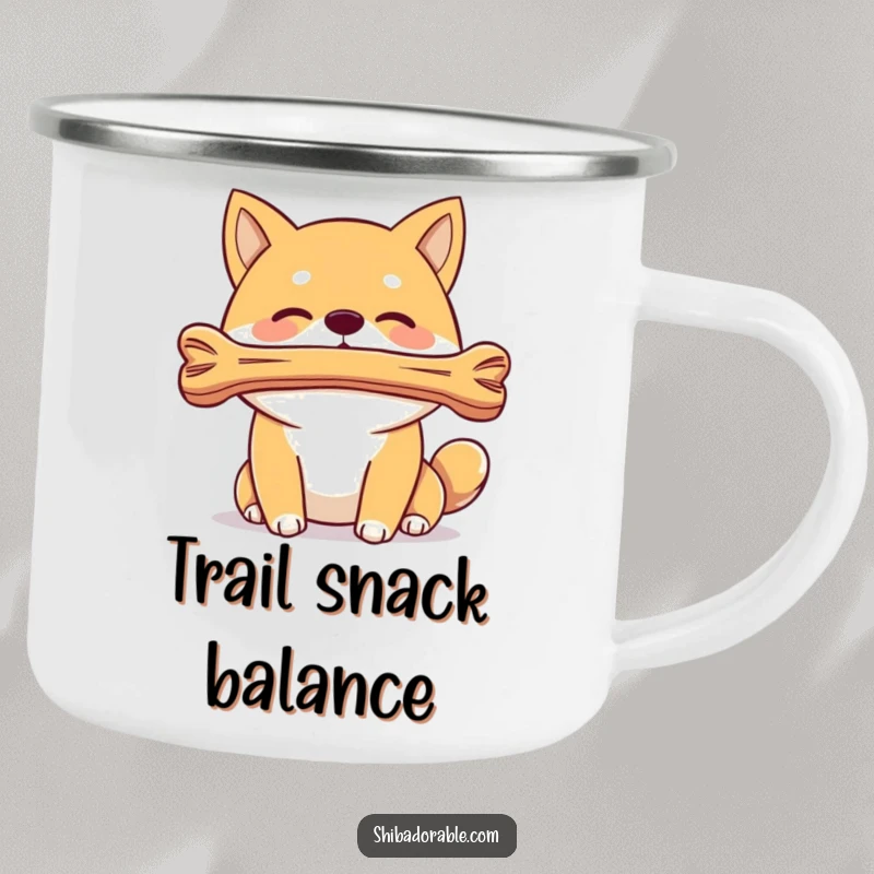 Funny, durable camping mug featuring a Shiba Inu dog balancing a bone on its nose, celebrating skill outdoors.