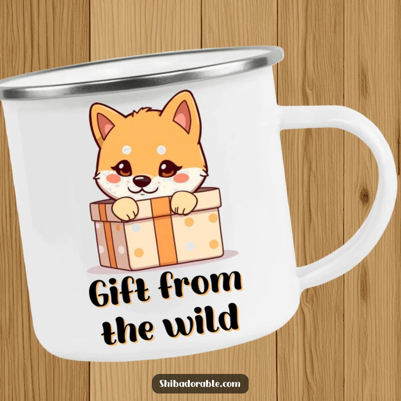 Funny Shiba Inu Camping Mug: A Shiba Inu with a mischievous glint peeks from a gift box, ideal for outdoor coffee lovers.