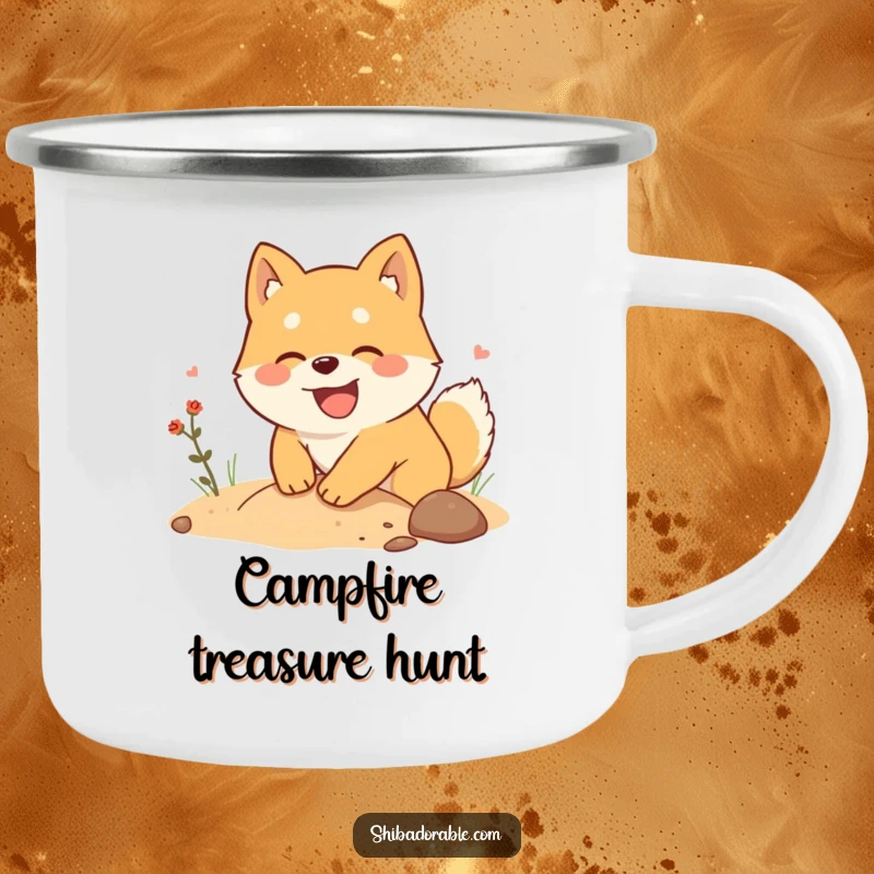 Funny Shiba Inu Camping Mug: A Shiba Inu joyfully digs for treasure, ideal for outdoor coffee lovers.