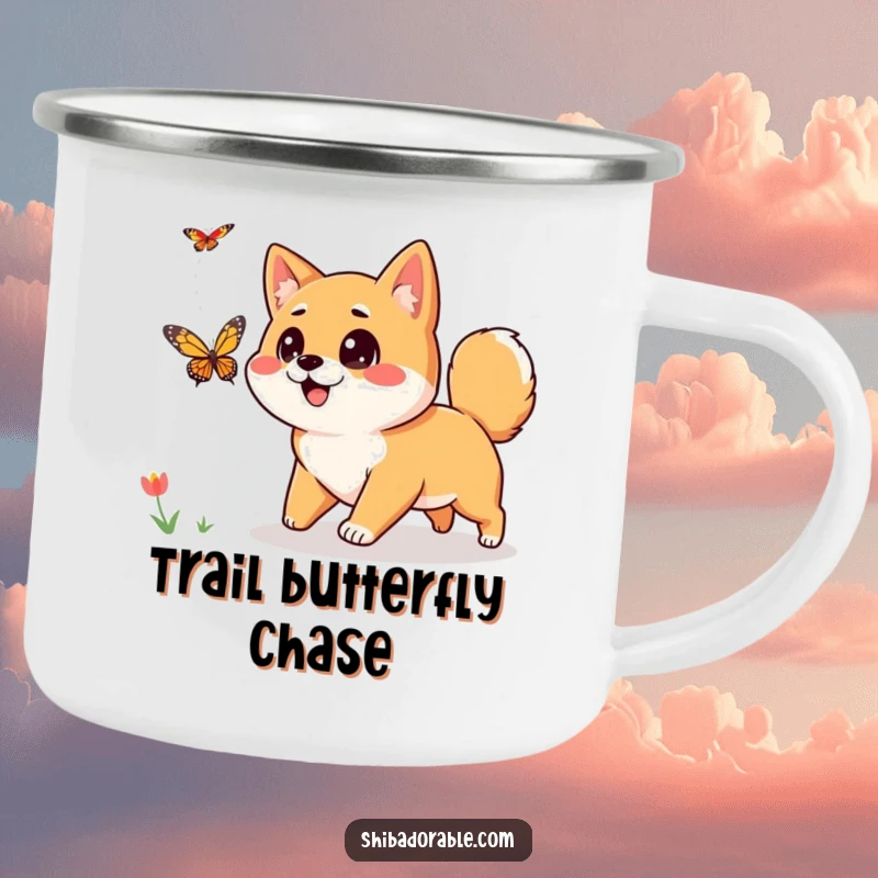 Funny Shiba Inu Camping Mug: A curious Shiba Inu with big eyes chases a butterfly, perfect for outdoor coffee lovers.