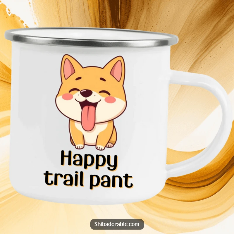 Funny Shiba Inu Camping Mug: A happy Shiba Inu pants with its tongue out, ideal for outdoor coffee lovers.