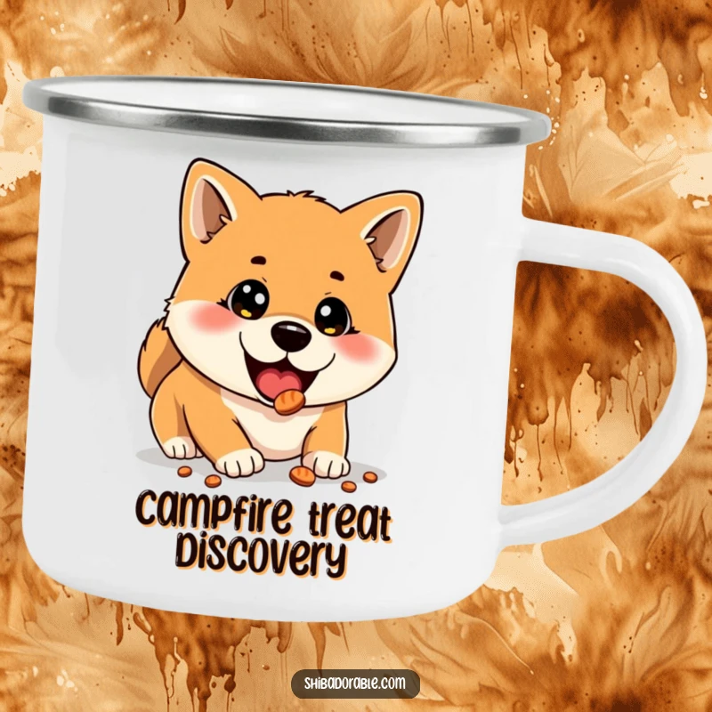 Funny camping mug featuring a Shiba Inu with wide eyes delightedly discovering a hidden treat, perfect for dog-loving adventurers.