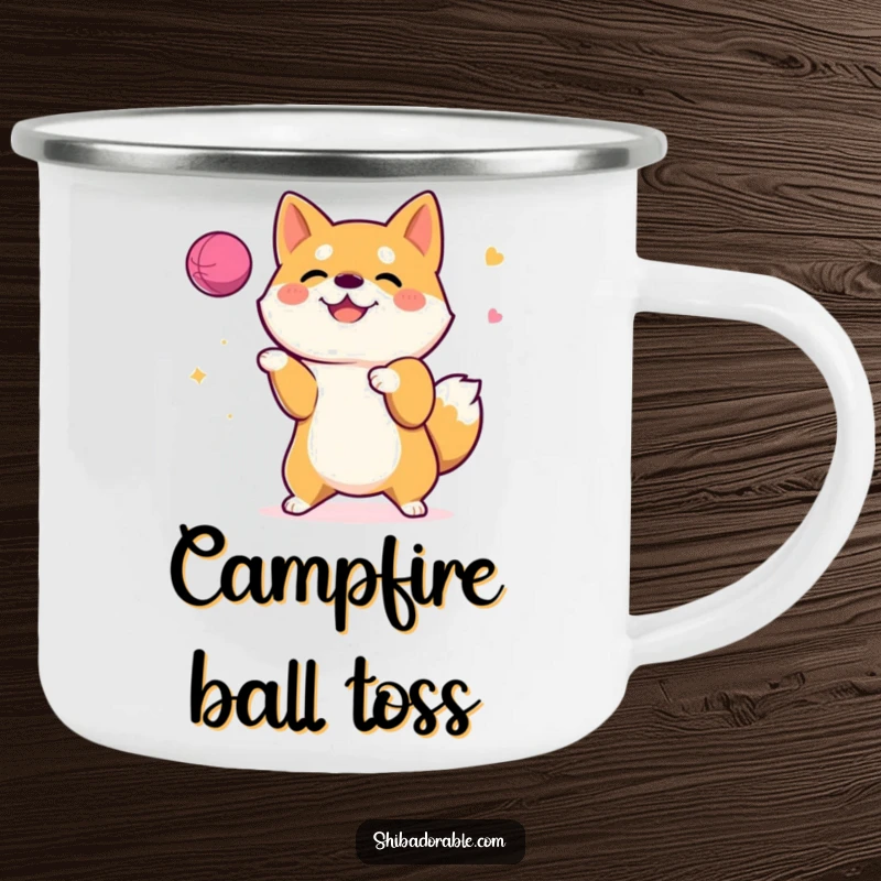 Funny Camping Mug featuring a happy Shiba Inu dog juggling a ball, ideal for outdoor enthusiasts.