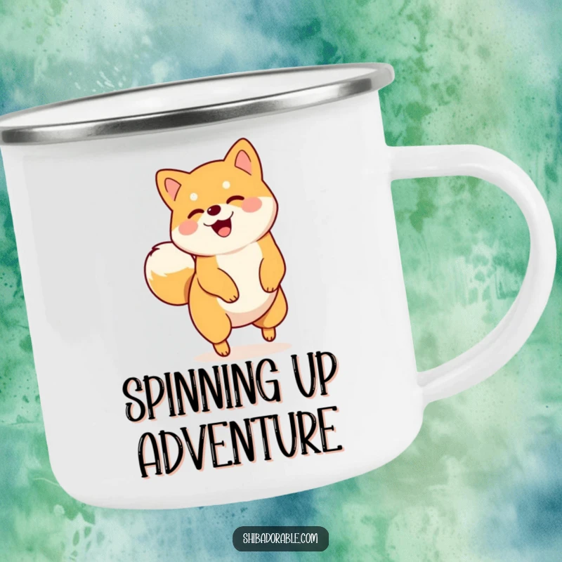 Funny camping mug with a Shiba Inu spinning in a circle with its tail wagging, perfect for energetic outdoor moments.