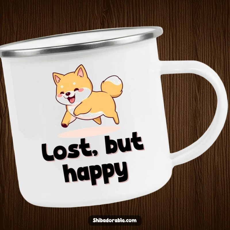 Funny Shiba Inu dog spinning in a circle, chasing its tail, printed on a sturdy camping mug for portable enjoyment.