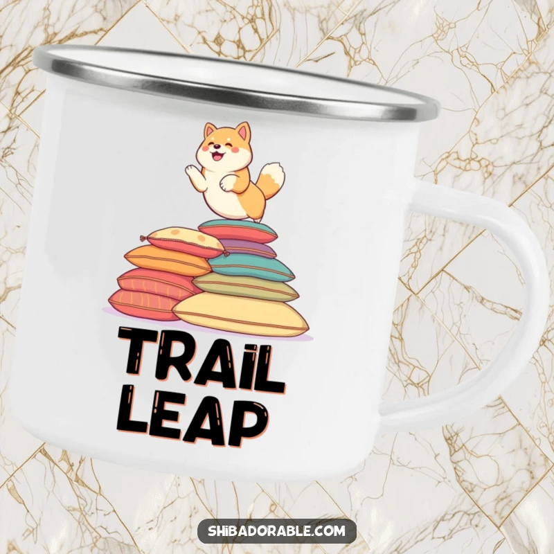 Funny Shiba Inu dog playfully leaping over colorful cushions, ready for the outdoors. An enamel mug.