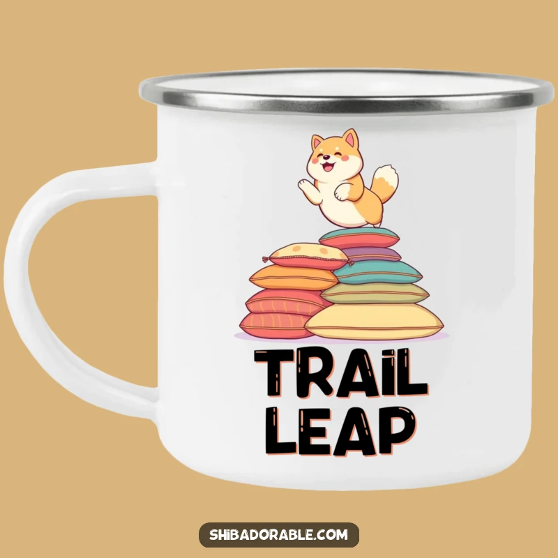 Funny Shiba Leaping Enamel Mug: Outdoor Fun - Durable Funny Gift!