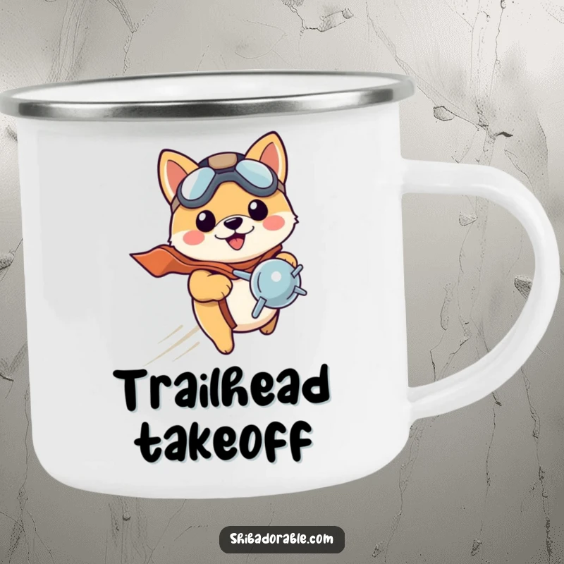 Funny Shiba Inu puppy in a pilot hat, holding a thermos, ready for camping. An enamel mug.