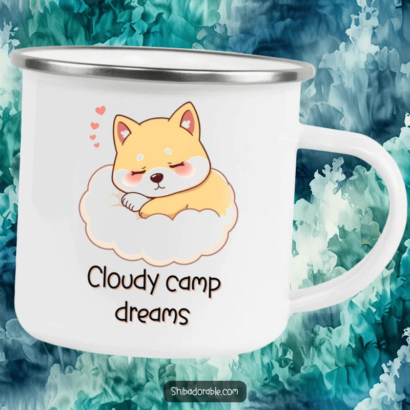 Funny Shiba Inu Cloud Camping Mug showing a peaceful, sleepy Shiba Inu dog resting on a fluffy cloud, ideal for outdoor relaxation.