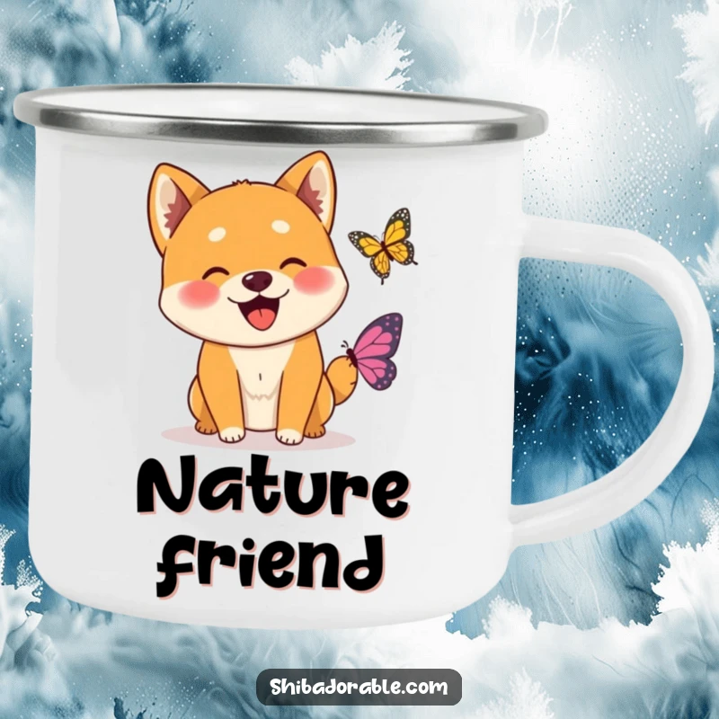 Funny Wagging Shiba Inu Butterfly Camping Mug showing an excited Shiba Inu dog joyfully greeting a small, friendly butterfly.