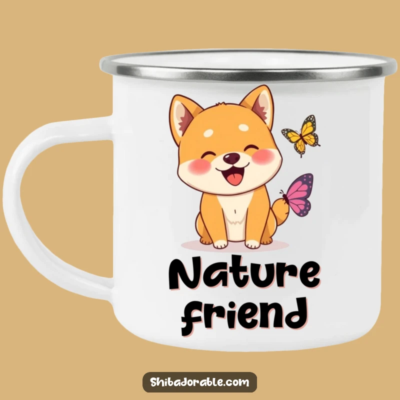 Funny Wagging Shiba Inu Butterfly Camping Mug: Happy Trails with Pup