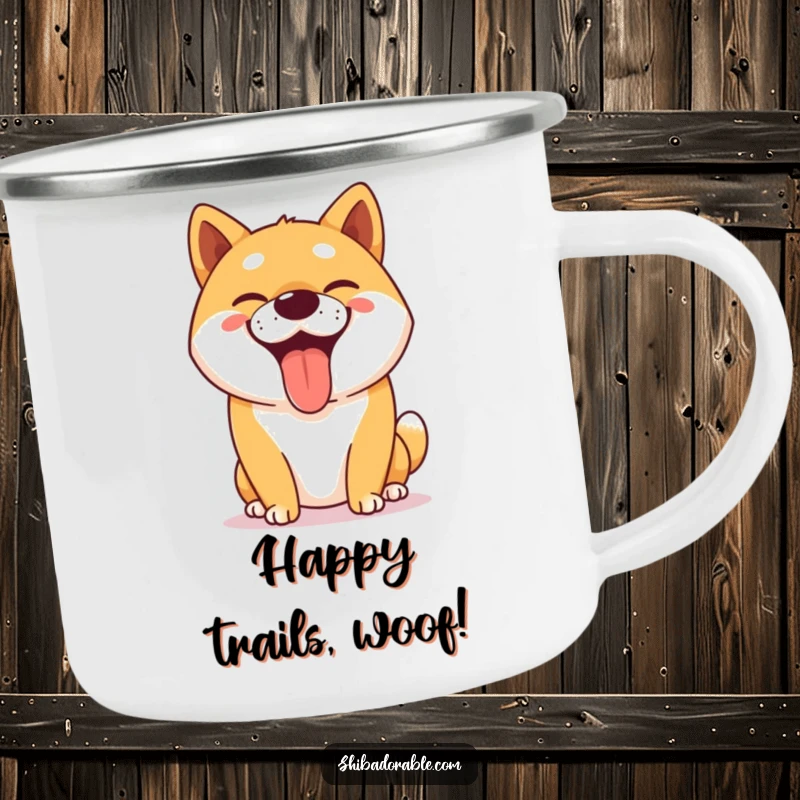 Funny Shiba Inu camping mug depicting a happy dog panting with a big, goofy grin, ideal for outdoor humor.