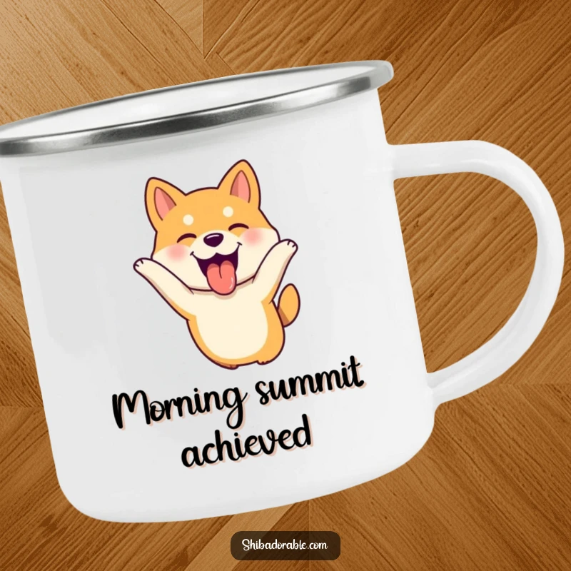 Funny Shiba Inu dog leaping with tongue out, ears flopping joyfully, a durable and humorous outdoor mug.