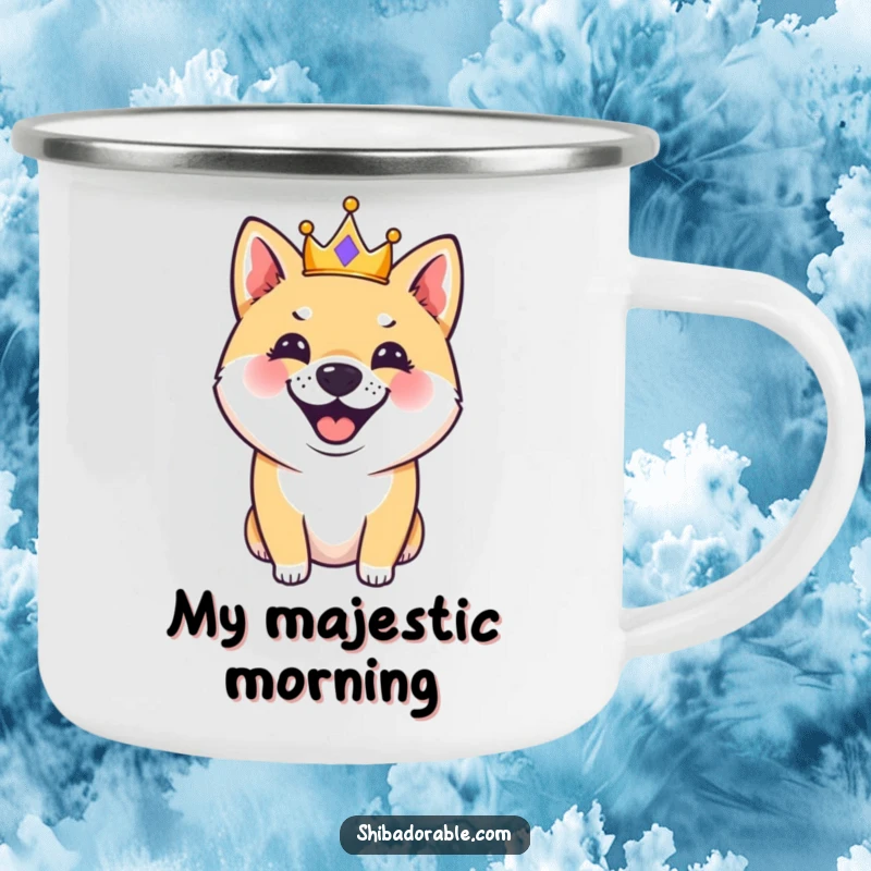 Funny, rugged camping mug featuring a Shiba Inu dog in a tiny crown, barking, ideal for outdoor adventures and humorous sips.