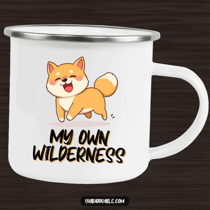 Funny Shiba Inu dog comically chasing its wagging tail, a durable and humorous outdoor mug for adventurers.