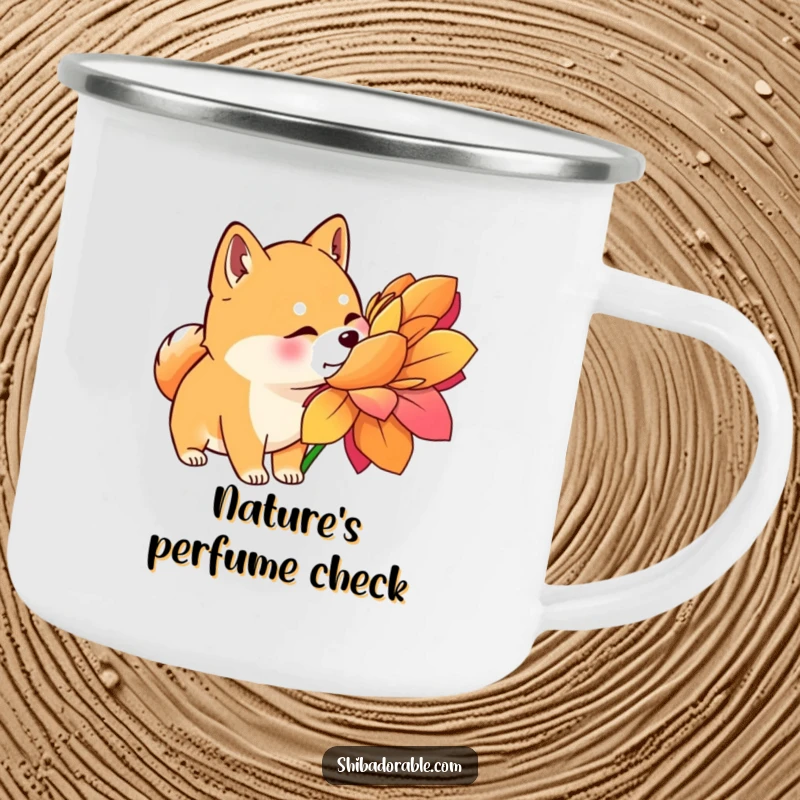 Funny Shiba Inu Camping Mug: A curious Shiba Inu sniffs a large flower, perfect for campers who love gentle exploration.
